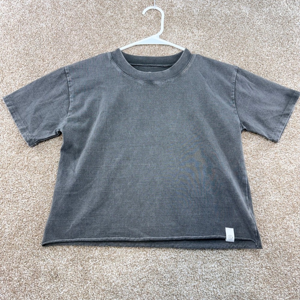 T&B Womens Acid Wash Short Sleeve Raw Hem Cropped T-Shirt Charcoal Gray L 10 12
